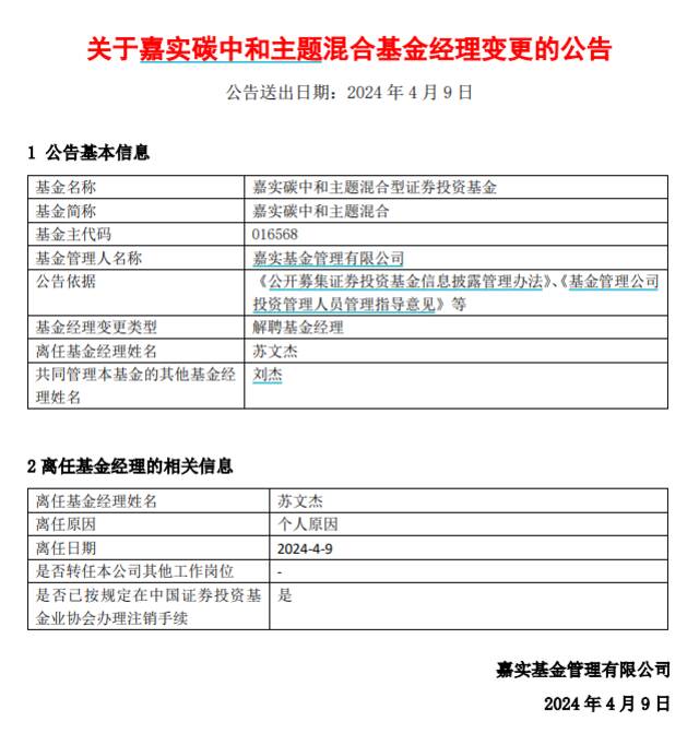 嘉实基金近3年最赚钱的基金经理苏文杰卸任，此前管理资产不足公司人均规模1/10