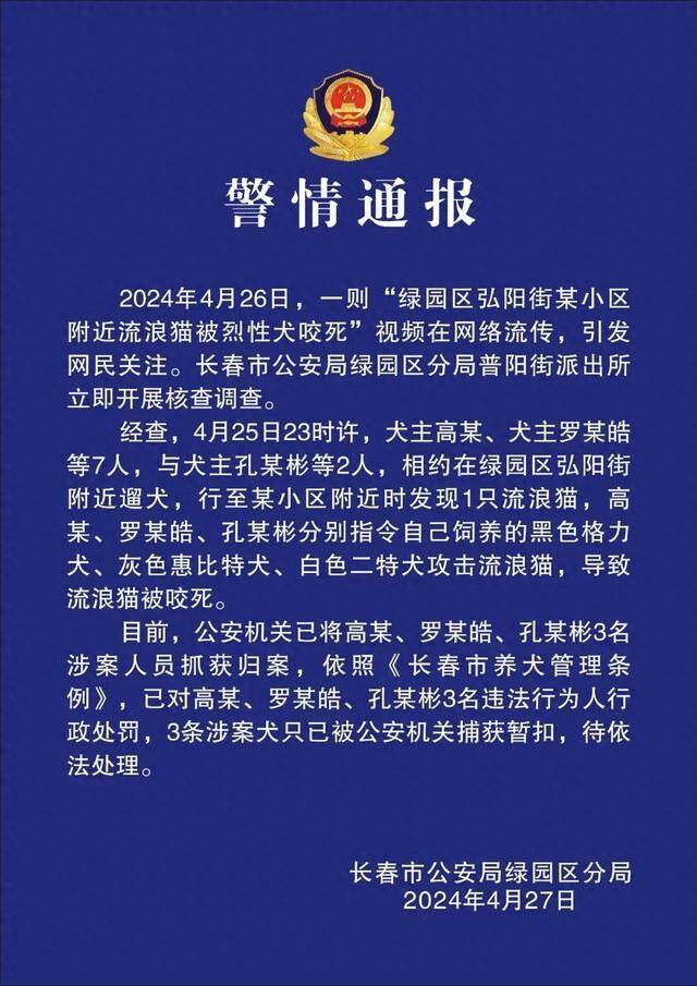 3人指使烈性犬咬死流浪猫，长春警方通报