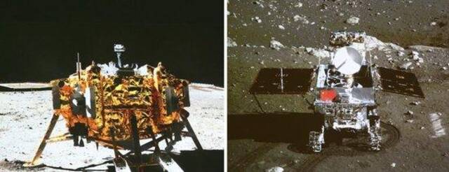 2013年12月15日晚，正在月球上开展科学探测工作的嫦娥三号着陆器和巡视器进行互成像实验，“两器”顺利互拍，嫦娥三号任务取得圆满成功。这是北京飞控中心大屏幕上显示的嫦娥三号着陆器、巡视器互拍成像（拼版照片）。新华社记者丁林摄