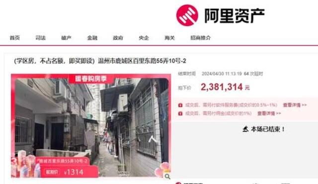 起拍价1314元，温州“夹缝房”卖出238万元！买家竞价达135轮，多次出现10万元加价