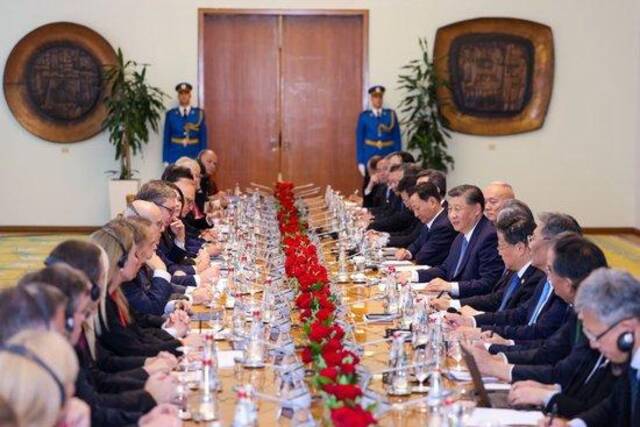 当地时间5月8日上午，国家主席习近平在贝尔格莱德塞尔维亚大厦同塞尔维亚总统武契奇举行会谈。这是两国元首举行大范围会谈。新华社记者刘彬摄