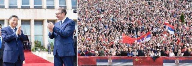 当地时间5月8日上午，国家主席习近平在贝尔格莱德塞尔维亚大厦同塞尔维亚总统武契奇举行会谈。会谈前，武契奇陪同习近平来到政府大厦平台（左图）。大厦广场上，一万五千名塞尔维亚民众挥舞中塞两国国旗，对习近平表示最热烈的欢迎（右图）。（拼版照片）新华社记者黄敬文丁海涛摄