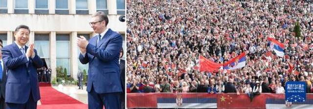 当地时间5月8日上午，国家主席习近平在贝尔格莱德塞尔维亚大厦同塞尔维亚总统武契奇举行会谈。会谈前，武契奇陪同习近平来到政府大厦平台（左图）。大厦广场上，一万五千名塞尔维亚民众挥舞中塞两国国旗，对习近平表示最热烈的欢迎（右图）。（拼版照片）新华社记者黄敬文丁海涛摄