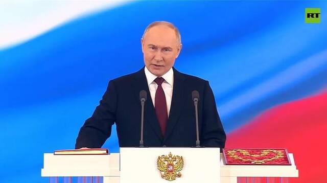 资料图：当地时间5月7日，普京在俄罗斯总统就职典礼现场。图片来源：今日俄罗斯直播截图