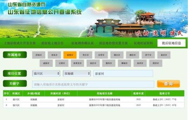 山东省征地信息公开查询系统公示的彭家村征地信息（图片来自山东省自然资源厅）