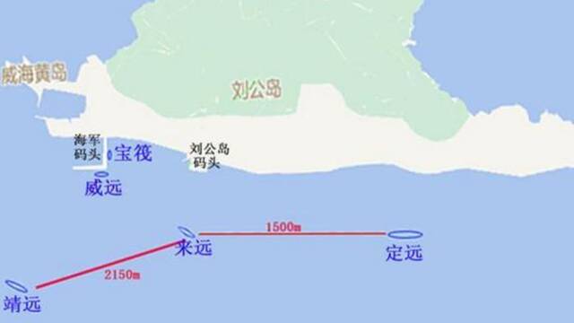 威海湾三艘甲午沉舰位置