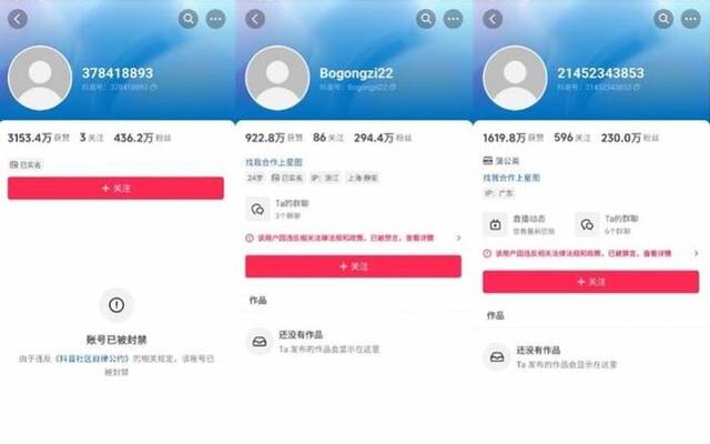 ▲王红权星、柏公子、鲍鱼家姐账号被封禁和禁言。图/社交平台截图