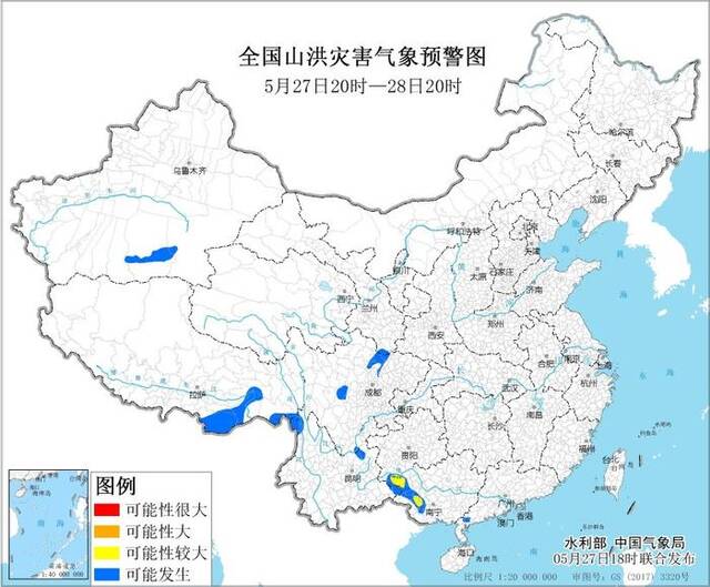 山洪灾害黄色预警：广西贵州云南等地局部地区发生山洪灾害可能性较大