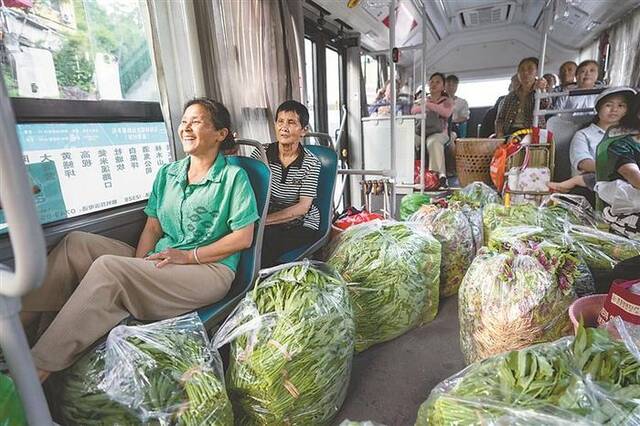 湖南省吉首市的152个行政村已全部覆盖公交。近日，菜农搭乘吉首15路公交车，前往城区菜市场卖菜。新华社记者陈思汗摄