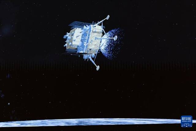 这是6月2日在北京航天飞行控制中心屏幕上拍摄的嫦娥六号着陆器和上升器组合体着陆月背的模拟动画画面。新华社记者金立旺摄