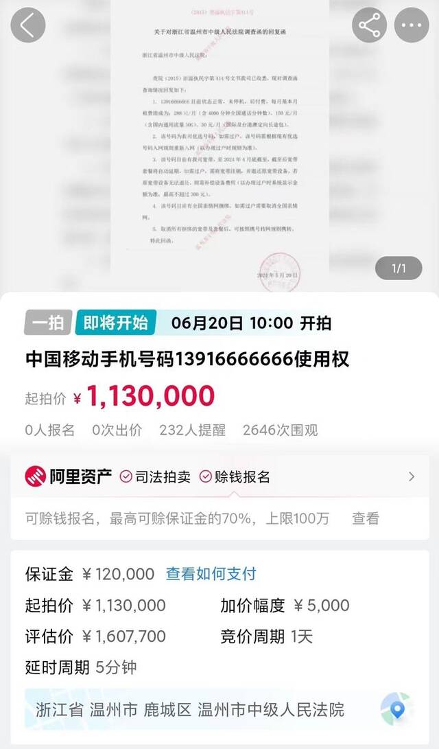 归属地上海一尾号6666666手机号将被拍卖 估值160多万