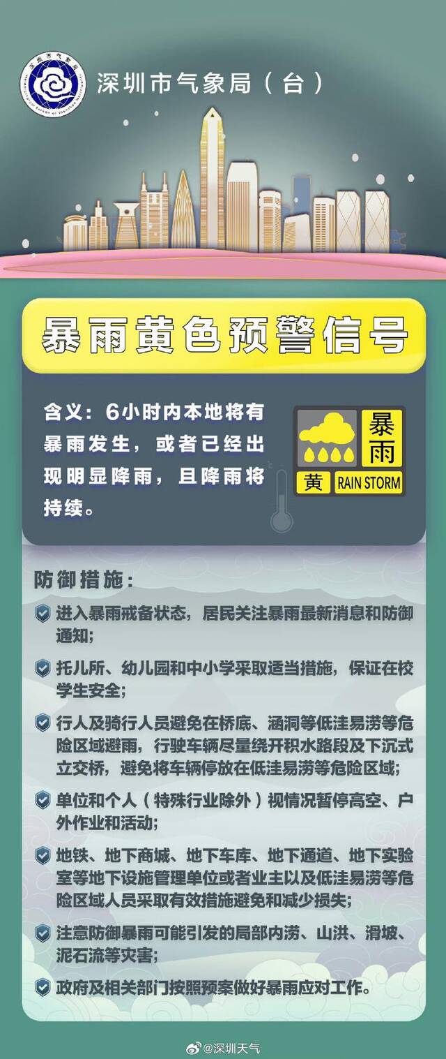 深圳扩展暴雨黄色预警信号