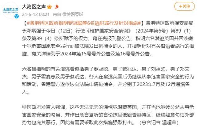 香港特区政府指明罗冠聪等6名逃犯罪行及针对措施