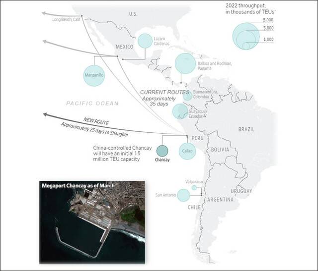 钱凯港位于秘鲁首都利马以北约80公里处，竣工后将大幅提高运力（《华尔街日报》制图）