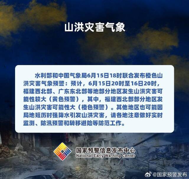 水利部和中国气象局6月15日18时联合发布橙色山洪灾害气象预警