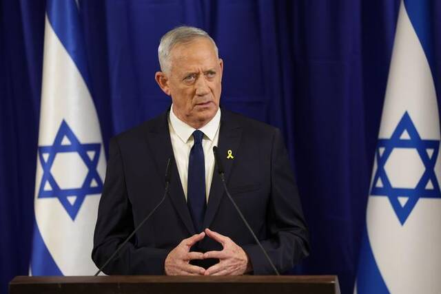 当地时间2024年6月9日，以色列，以色列战时内阁成员本尼·甘茨发表公开演讲，宣布退出战时内阁。图/ICphoto