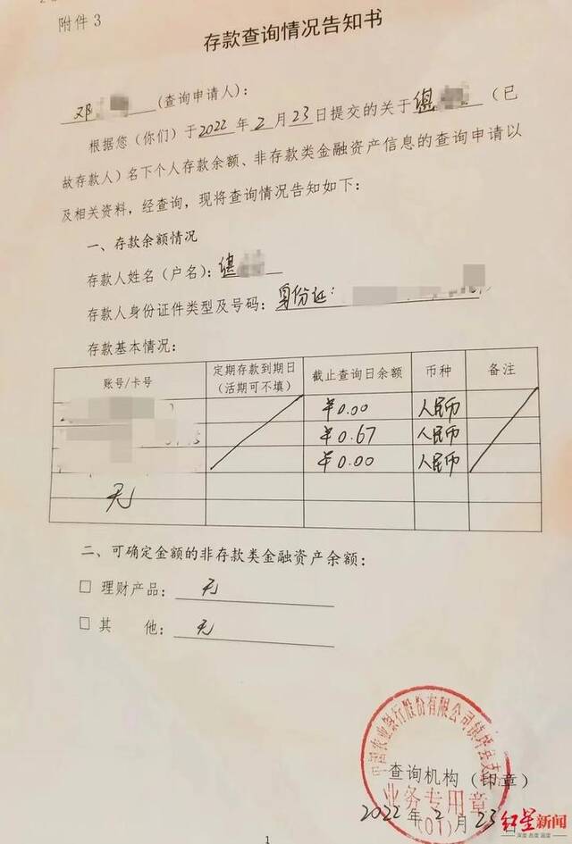 ▲2022年2月23日中国农业银行镇坪县支行出具的存款查询信息