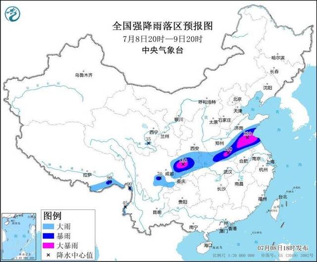 ▲全国强降雨落区预报图（7月8日20时-9日20时）