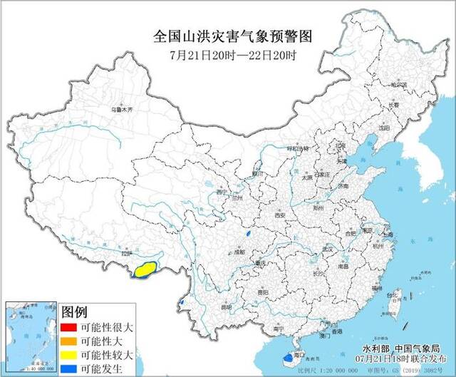 水利部和中国气象局7月21日18时联合发布黄色山洪灾害气象预警