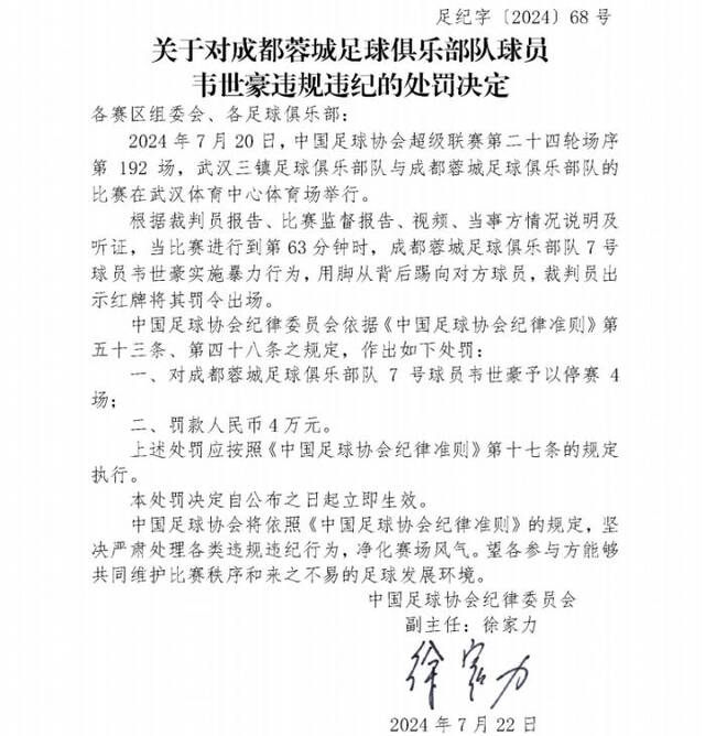 中国足协：韦世豪故意踢人被停赛4场罚款4万