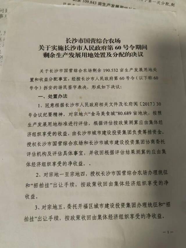 综合农场“两安用地”第一次分配收益时的决议。澎湃新闻记者谭君图