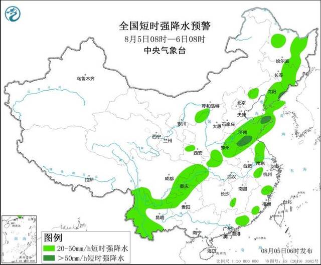 强对流天气蓝色预警继续：辽宁山东江苏等地部分地区小时雨量大于50毫米