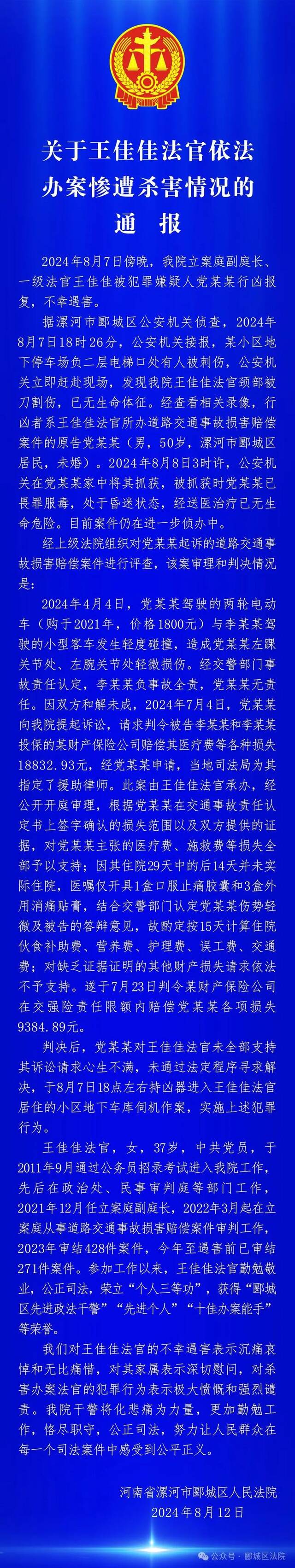 法官王佳佳办案惨遭杀害，官方通报详情