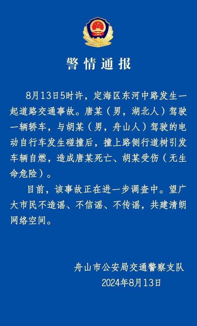 浙江舟山一轿车与电动自行车碰撞后撞树引发自燃 致1死1伤