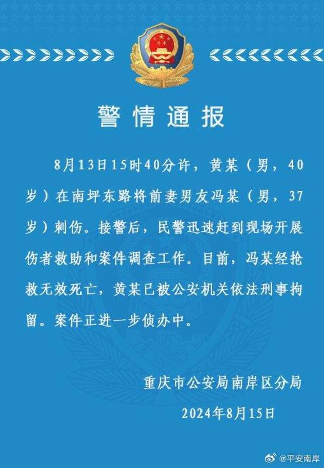 男子将前妻男友刺伤致死，重庆南岸警方通报