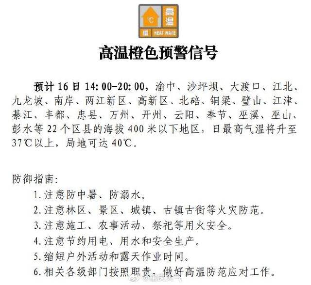 重庆市气象台发布高温橙色预警信号 局地可达40℃