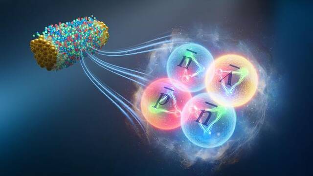 重离子碰撞产生反物质超氢-4艺术效果图。中国科学院近代物理研究所供图