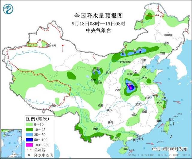 图5全国降水量预报图（9月18日08时-19日08时）