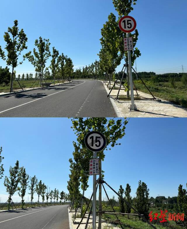 ▲道路旁“限速15km/h”和“解除限速15km/h”的标志