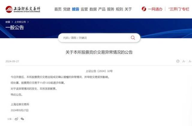 上交所：对于今日异常情况的发生深表歉意