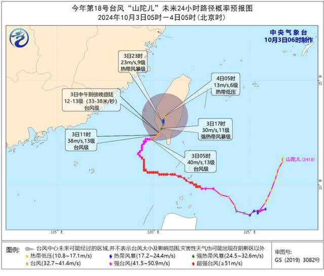 台风橙色预警：预计“山陀儿”将在台湾岛西南部沿海登陆，强度减弱