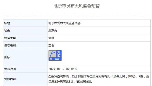 大风、寒潮蓝色预警！北京最低气温降幅将达10℃以上