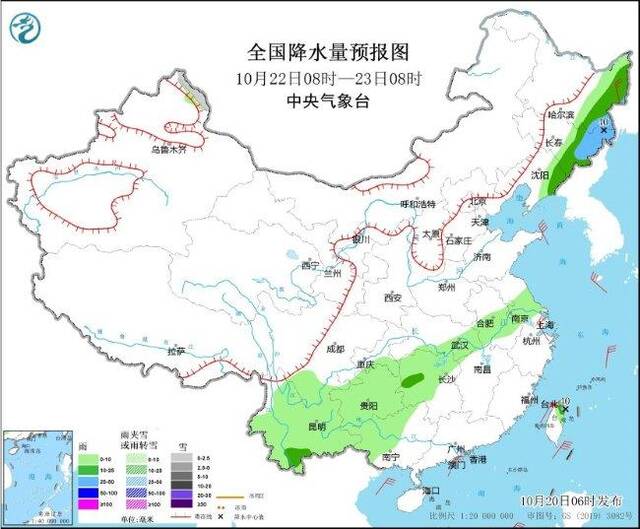 图3全国降水量预报图（10月22日08时-23日08时）