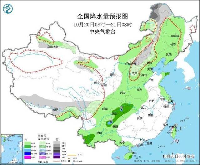 图1全国降水量预报图（10月20日08时-21日08时）