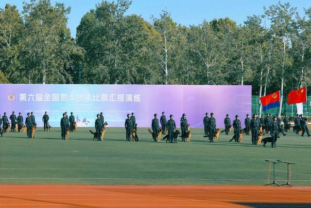 10月22日，国家移民管理局的训导员与警犬在进行汇报演练。新华社记者任沁沁摄