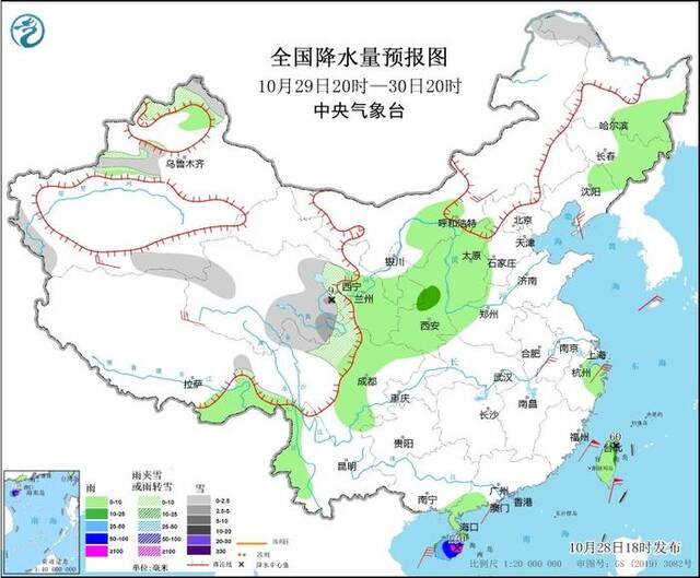 图3全国降水量预报图（10月29日20时-30日20时）