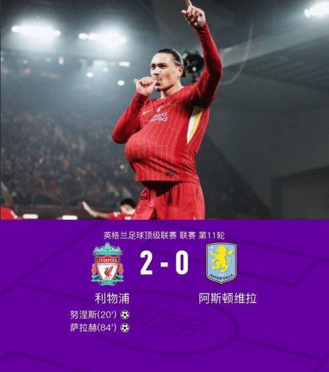 英超：利物浦2-0维拉，努涅斯建功+失单刀，萨拉赫破门