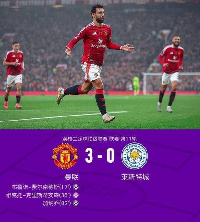 英超：曼联3-0莱斯特城，B费里程碑战独造三球，加纳乔破门