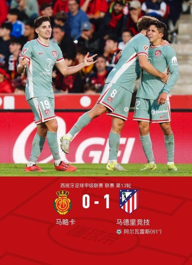 西甲：马竞1-0客胜马略卡，阿尔瓦雷斯破门，小西蒙尼无私助攻