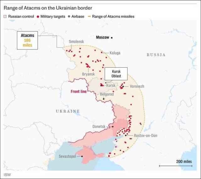 乌克兰边境的ATACMS的射程覆盖范围《泰晤士报》制图